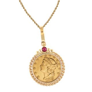 14k Gold Ruby $20 Liberty Gold Piece Double Eagle Coin Twisted Rope