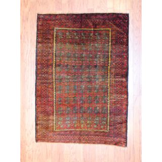 Afghan Hand knotted Antique Tribal Balouchi Red/ Green Wool Rug (38 x