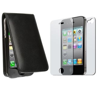 Black Leather Case/ 2 piece Screen Protector for Apple iPhone 4