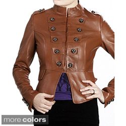 United Face Womens Lambskin Leather Snap front Military Jacket Was $